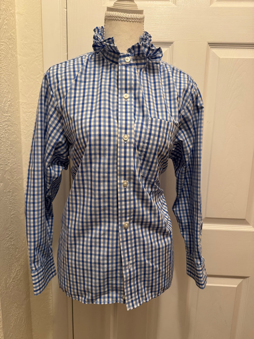 SOLD Betty - Esquire Mens Upcycled Ruffle Shirt - blue/black plaid - size Medium