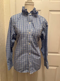 SOLD Betty - Esquire Mens Upcycled Ruffle Shirt - blue/black plaid - size Medium