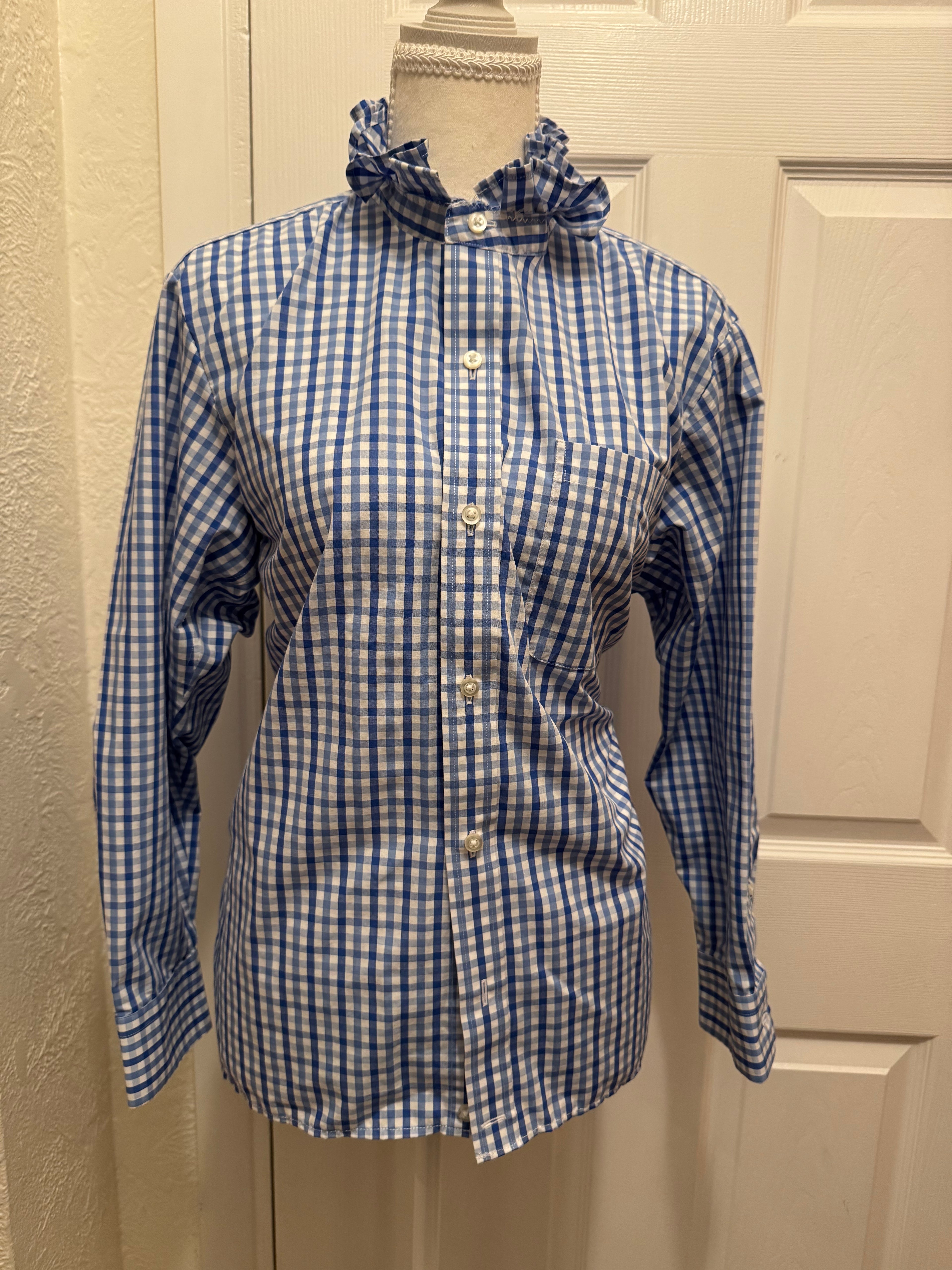 SOLD Betty - Esquire Mens Upcycled Ruffle Shirt - blue/black plaid - size Medium
