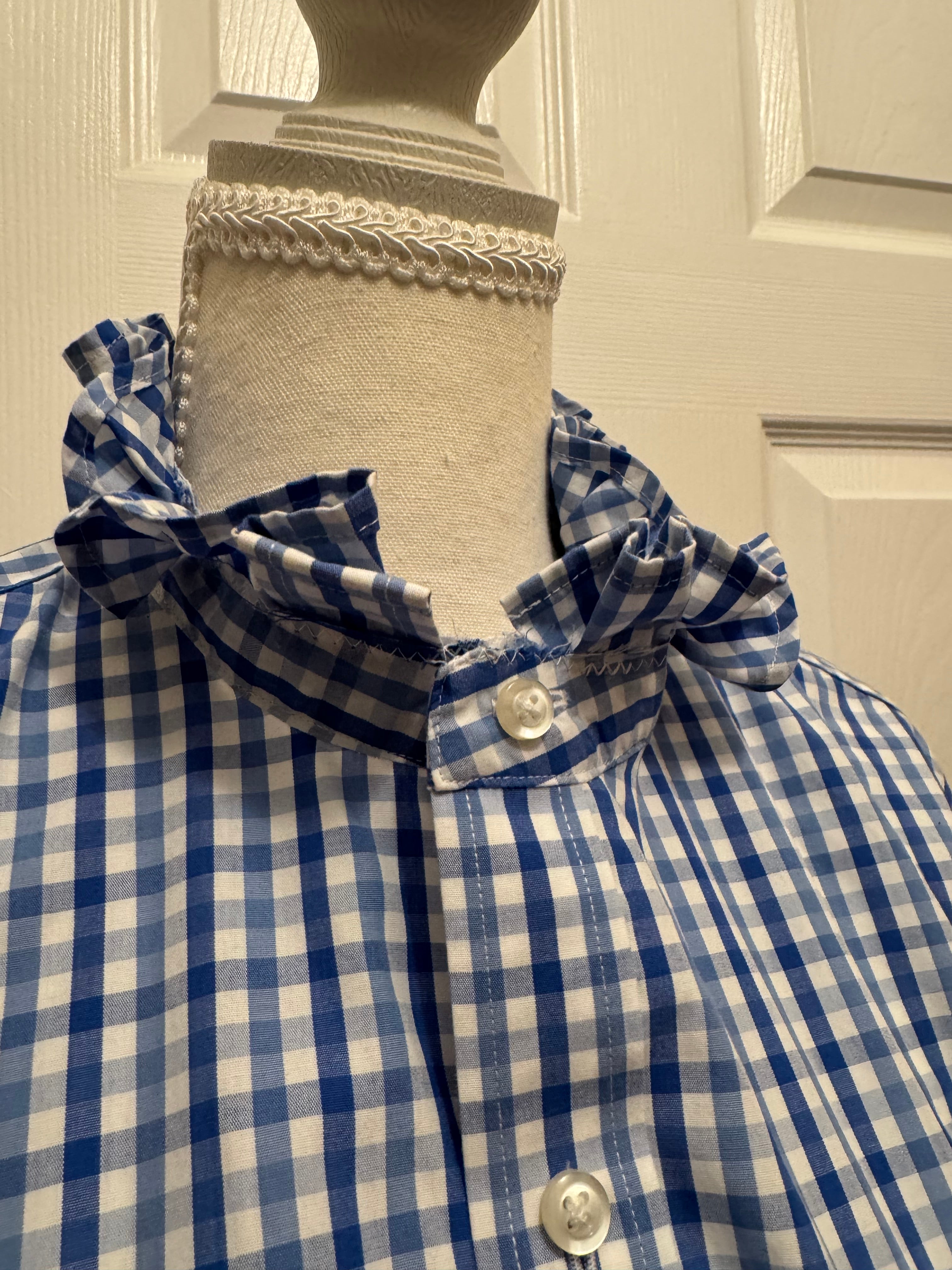 SOLD Betty - Esquire Mens Upcycled Ruffle Shirt - blue/black plaid - size Medium