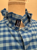 SOLD Mia - LL Bean Men's Upcycled Ruffle Shirt - Blue flannel Checked - size small