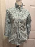 SOLD Sloane - Egara Men's Upcycled Ruffle Shirt - green/blue floral - size small