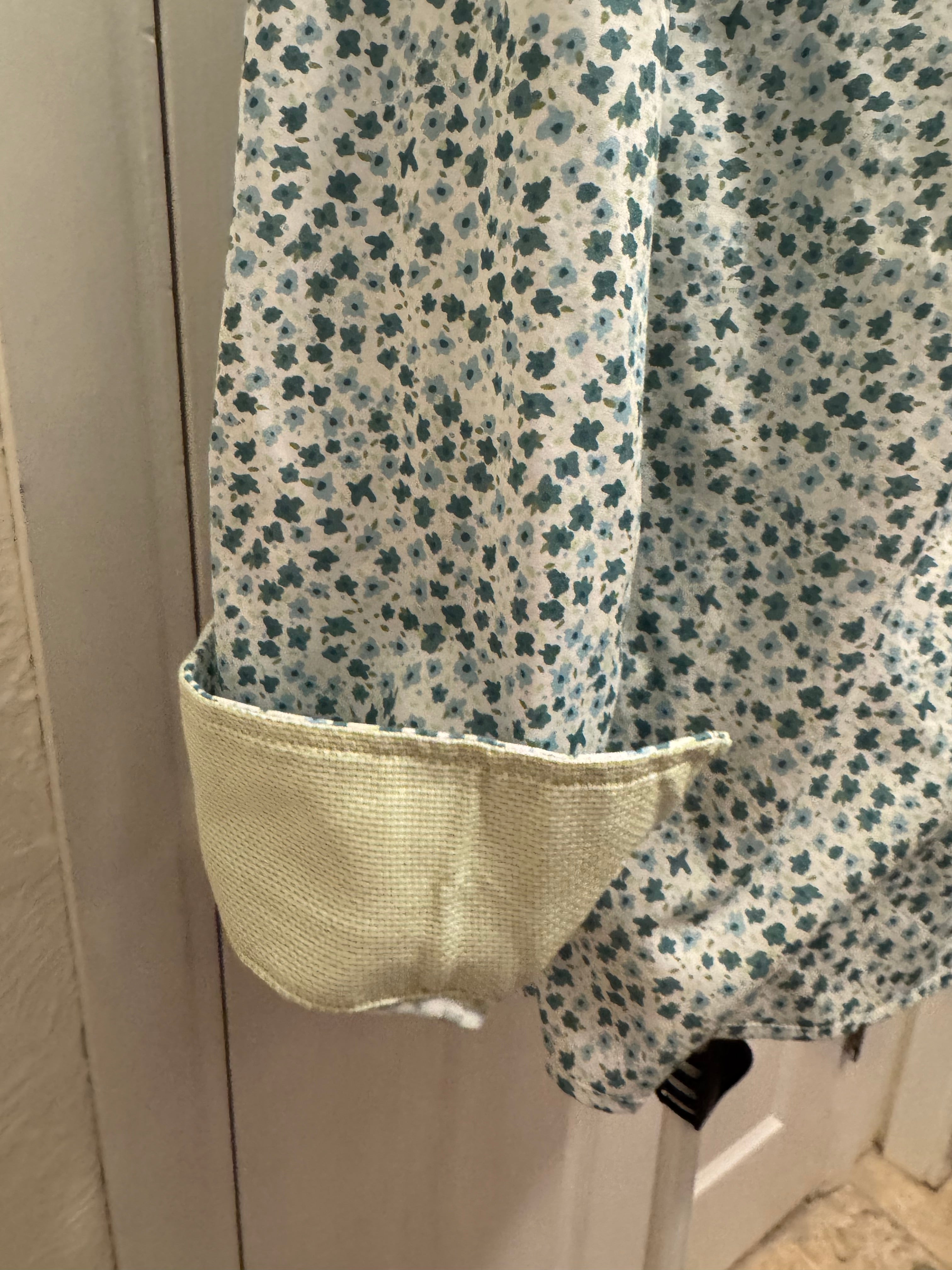 SOLD Sloane - Egara Men's Upcycled Ruffle Shirt - green/blue floral - size small
