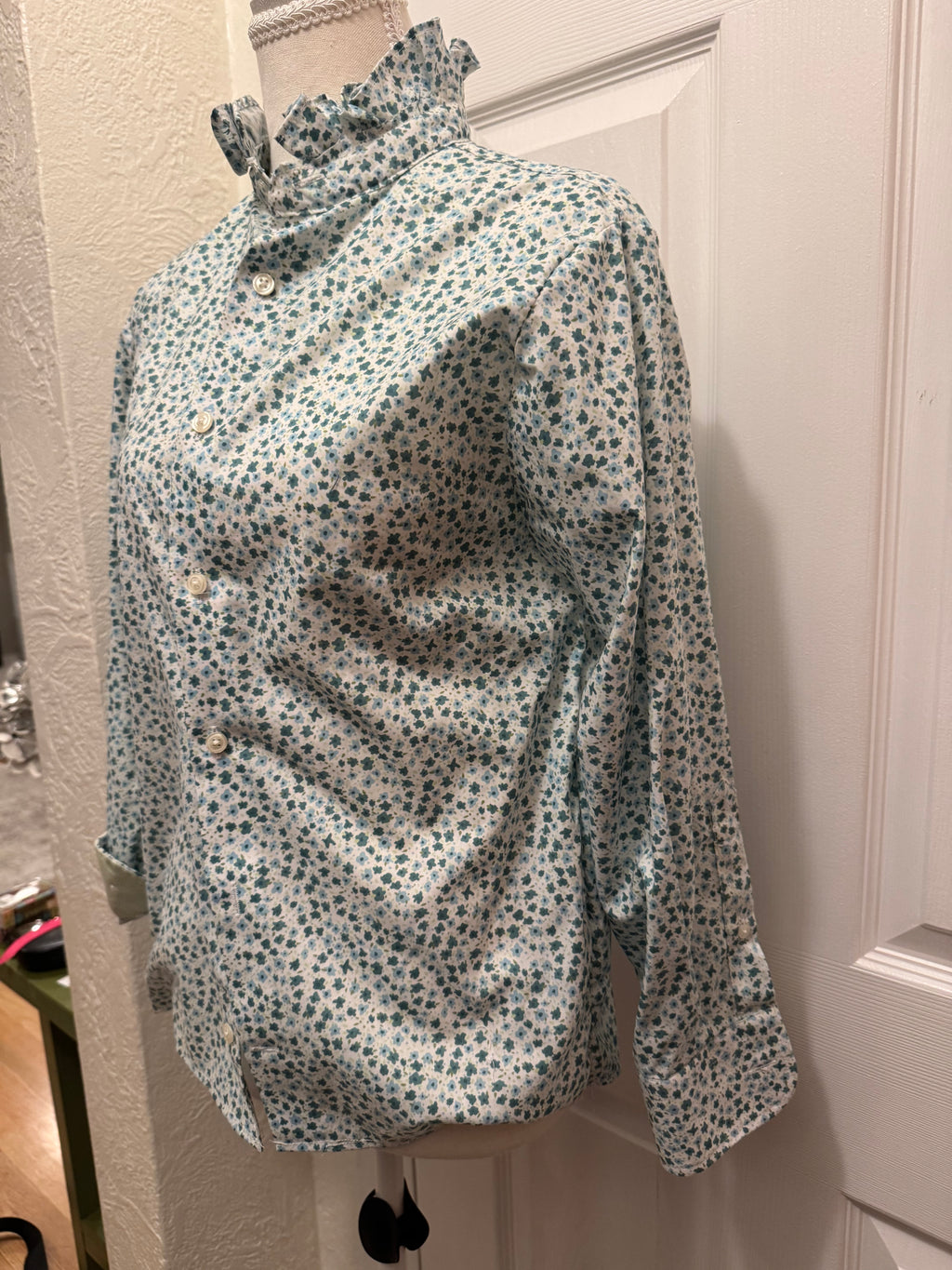 SOLD Sloane - Egara Men's Upcycled Ruffle Shirt - green/blue floral - size small