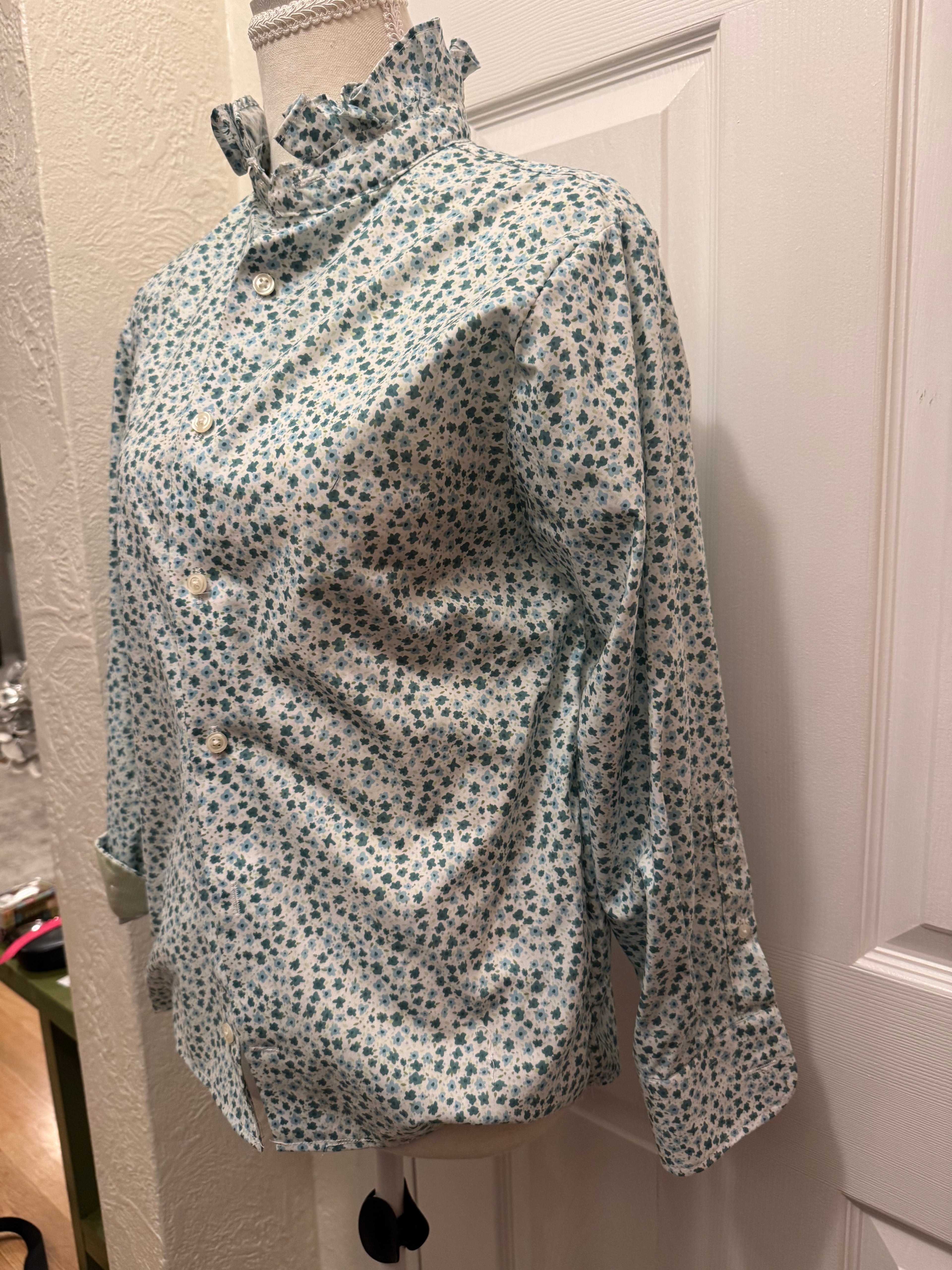 SOLD Sloane - Egara Men's Upcycled Ruffle Shirt - green/blue floral - size small