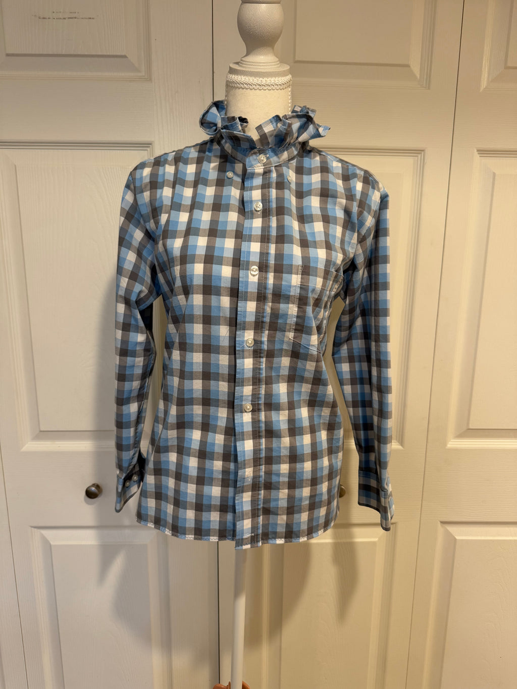 Sally - Mens Upcycled Ruffle Shirt - Light Blue Plaid - Size Medium