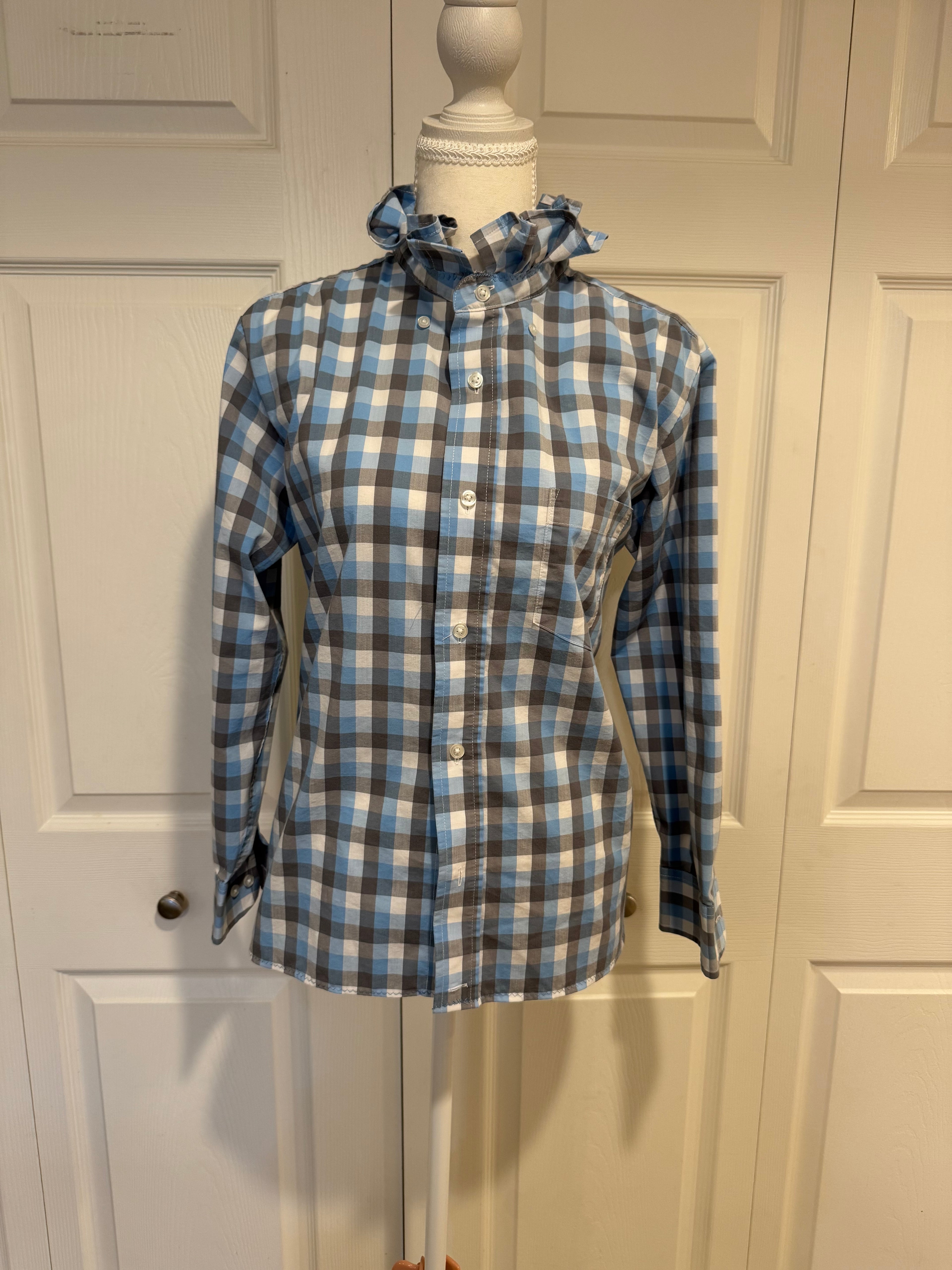 Sally - Mens Upcycled Ruffle Shirt - Light Blue Plaid - Size Medium