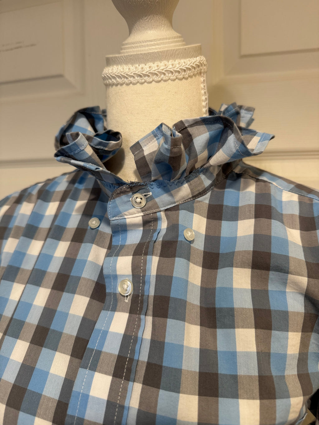 Sally - Mens Upcycled Ruffle Shirt - Light Blue Plaid - Size Medium