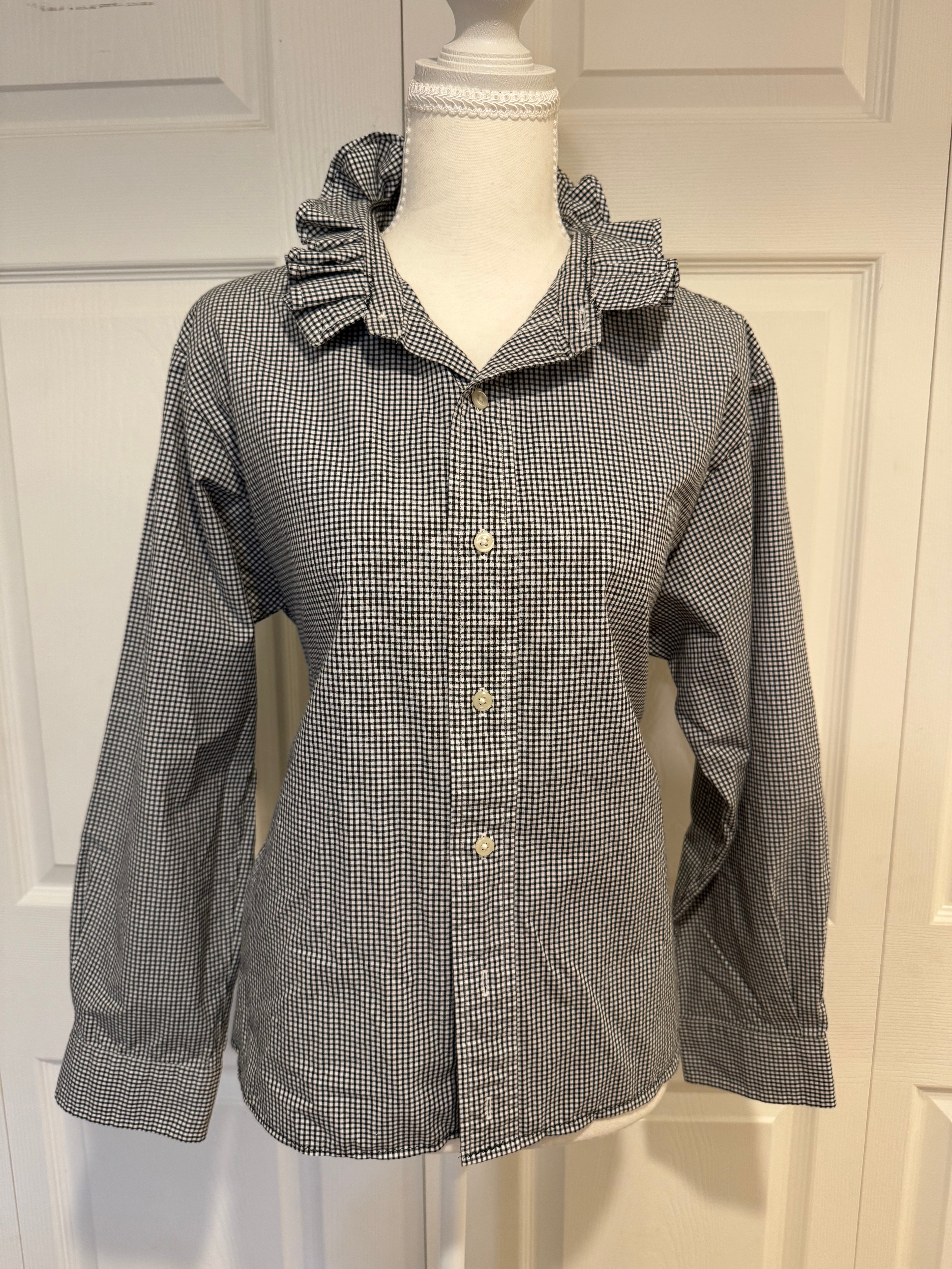 SOLD Aniston - Ralph Lauren Mens Upcycled Ruffle Shirt - Blk/wht Checked - Size Medium