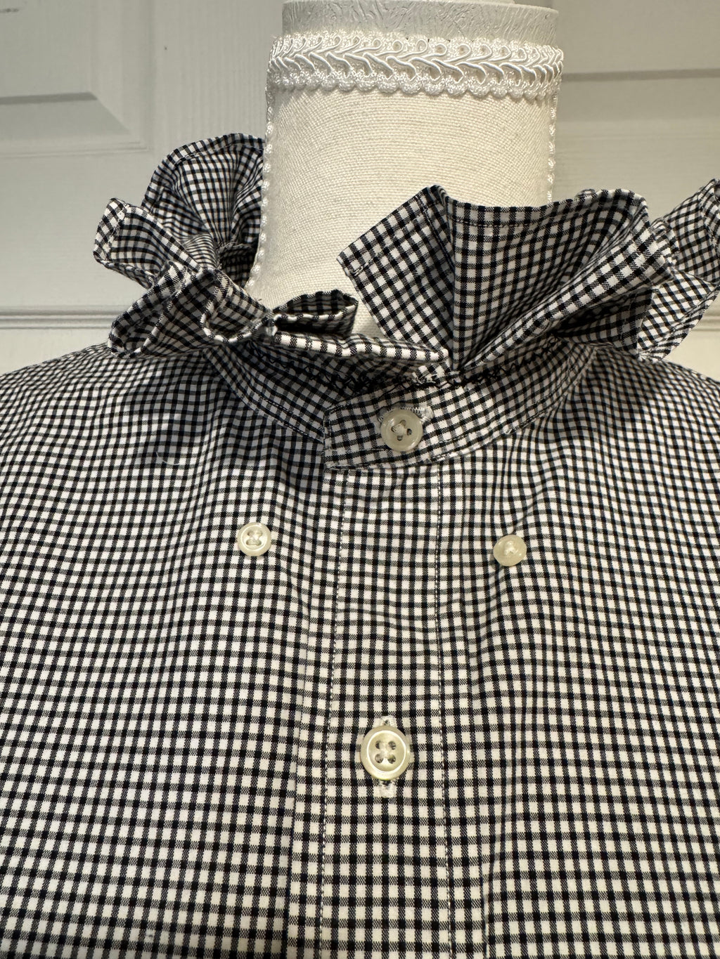 SOLD Aniston - Ralph Lauren Mens Upcycled Ruffle Shirt - Blk/wht Checked - Size Medium
