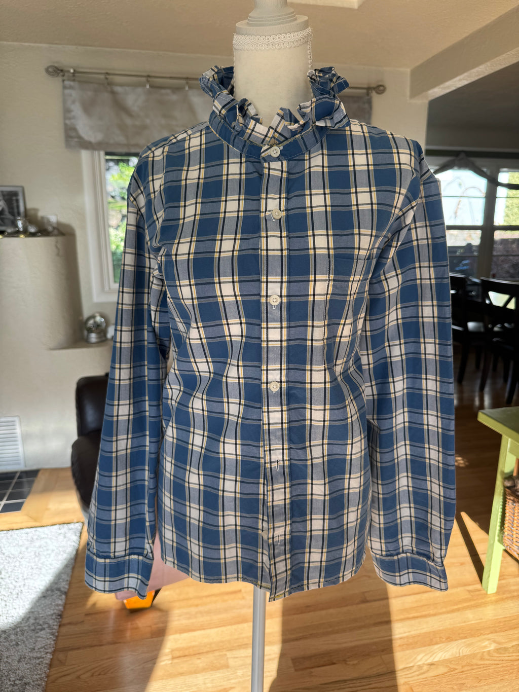 SOLD Kennedy - Eddie Bauer Ruffle Shirt - Blue/Yellow/White Plaid - Size Medium