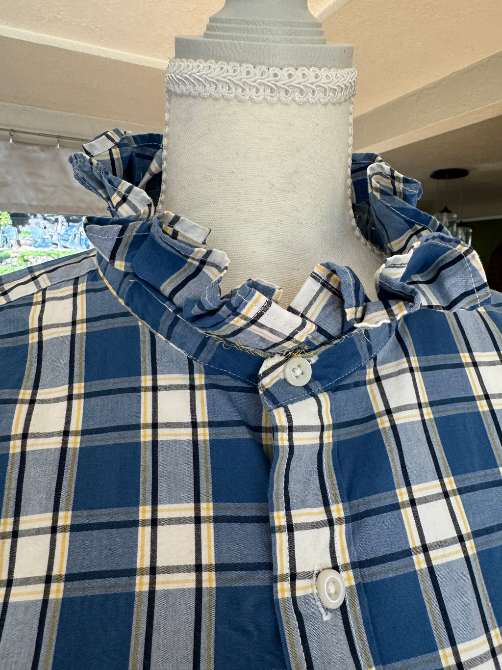 SOLD Kennedy - Eddie Bauer Ruffle Shirt - Blue/Yellow/White Plaid - Size Medium