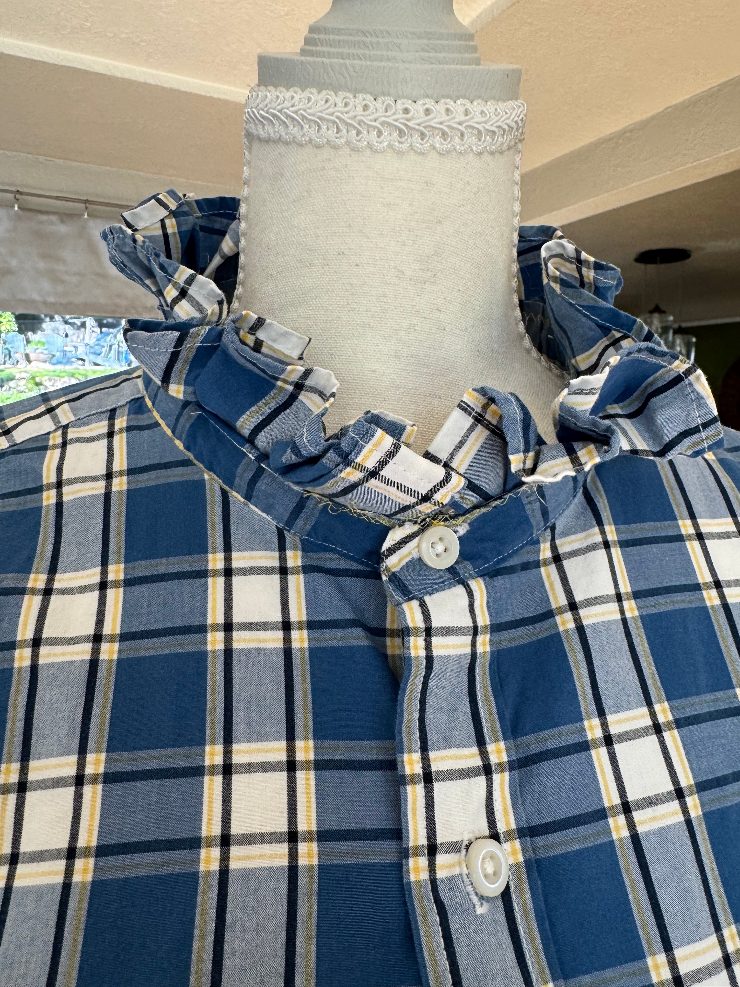 SOLD Kennedy - Eddie Bauer Ruffle Shirt - Blue/Yellow/White Plaid - Size Medium