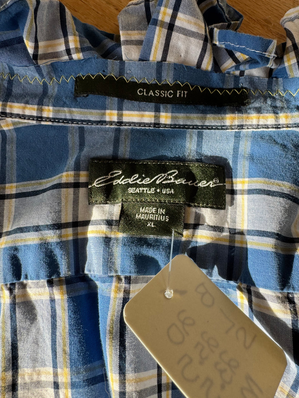 SOLD Kennedy - Eddie Bauer Ruffle Shirt - Blue/Yellow/White Plaid - Size Medium
