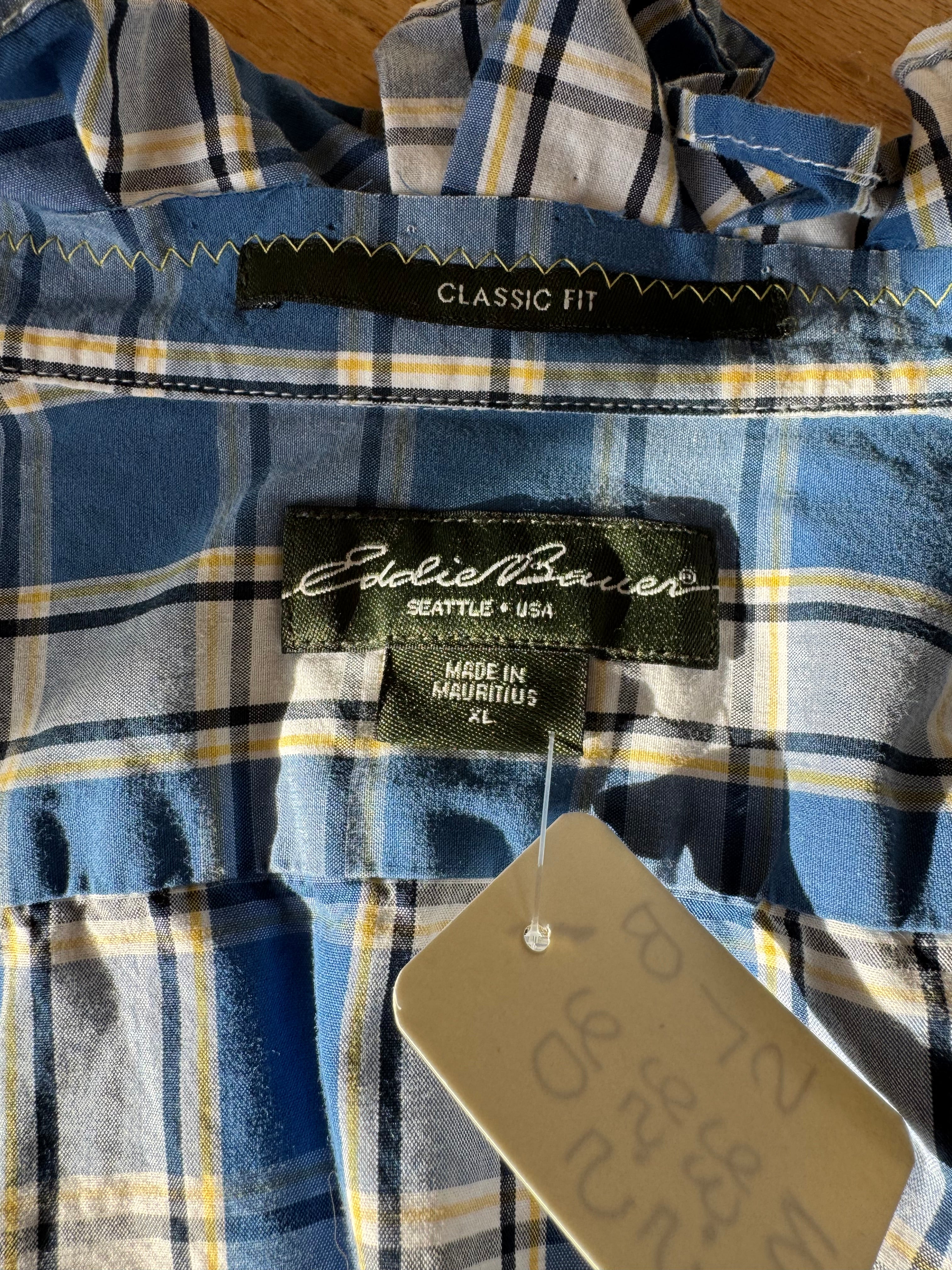 SOLD Kennedy - Eddie Bauer Ruffle Shirt - Blue/Yellow/White Plaid - Size Medium